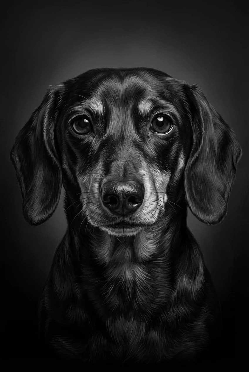Charcoal pet portrait — black, white, and grey tonal drawing